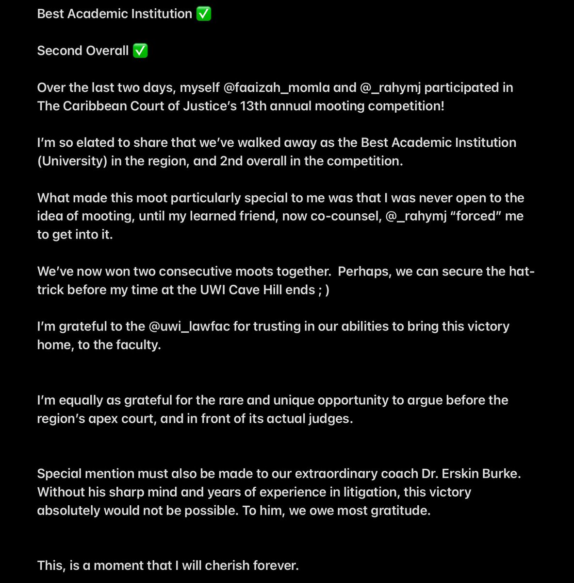_tyriquewilson's tweet image. Over the last two days, myself, Faaizah Momla and @RahymRJoseph participated in the @CaribbeanCourt ‘s 13th annual mooting competition!

I’m happy to share that we’ve walked away as the Best Academic Institution (University) in the region, and 2nd overall in the competition🥳
