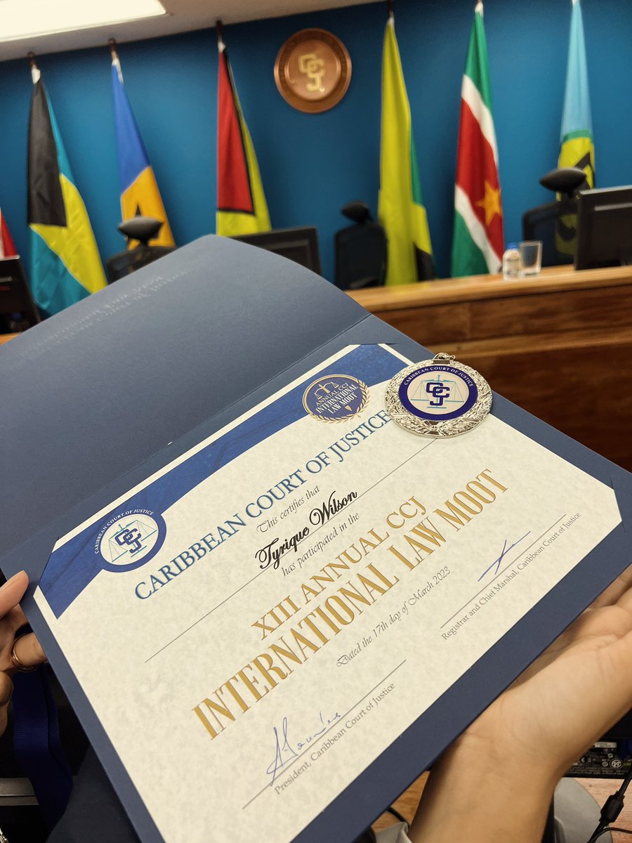 _tyriquewilson's tweet image. Over the last two days, myself, Faaizah Momla and @RahymRJoseph participated in the @CaribbeanCourt ‘s 13th annual mooting competition!

I’m happy to share that we’ve walked away as the Best Academic Institution (University) in the region, and 2nd overall in the competition🥳