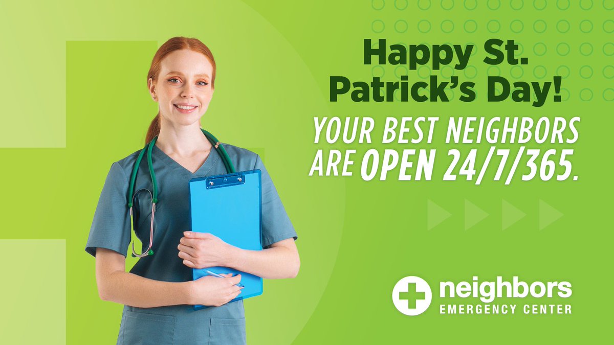 BestNeighborsER's tweet photo. Happy #StPatricksDay! Offering 24/7/365 emergency care (weekends and holidays, too) means Your Best Neighbors are here for you - even on your unlucky days.   #BestNeighborsEver #MoreThanAPatient
#EmergencyRoom #AlwaysOpen https://t.co/uYGfVboAiC