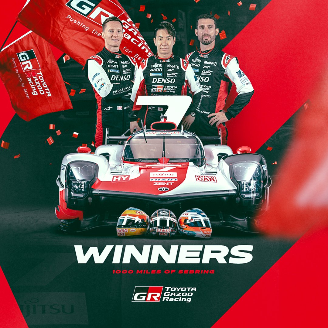 TOYOTA GAZOO Racing WEC (@tgr_wec) on Twitter photo Starting the new season in style 🥇🥈
1-2 victory for our #GR010HYBRIDs at the gruelling #1000MSebring 💪
#GoHyper #ToyotaGAZOORacing <a href="/FIAWEC/">FIA World Endurance Championship</a> <a href="/sebringraceway/">Sebring International Raceway</a> <a href="/Mikeconway26/">Mike Conway</a> <a href="/kamui_kobayashi/">KAMUI KOBAYASHI</a> <a href="/pechito37/">Jose Maria Lopez</a> Starting the new season in style 🥇🥈
1-2 victory for our #GR010HYBRIDs at the gruelling #1000MSebring 💪
#GoHyper #ToyotaGAZOORacing <a href="/FIAWEC/">FIA World Endurance Championship</a> <a href="/sebringraceway/">Sebring International Raceway</a> <a href="/Mikeconway26/">Mike Conway</a> <a href="/kamui_kobayashi/">KAMUI KOBAYASHI</a> <a href="/pechito37/">Jose Maria Lopez</a>