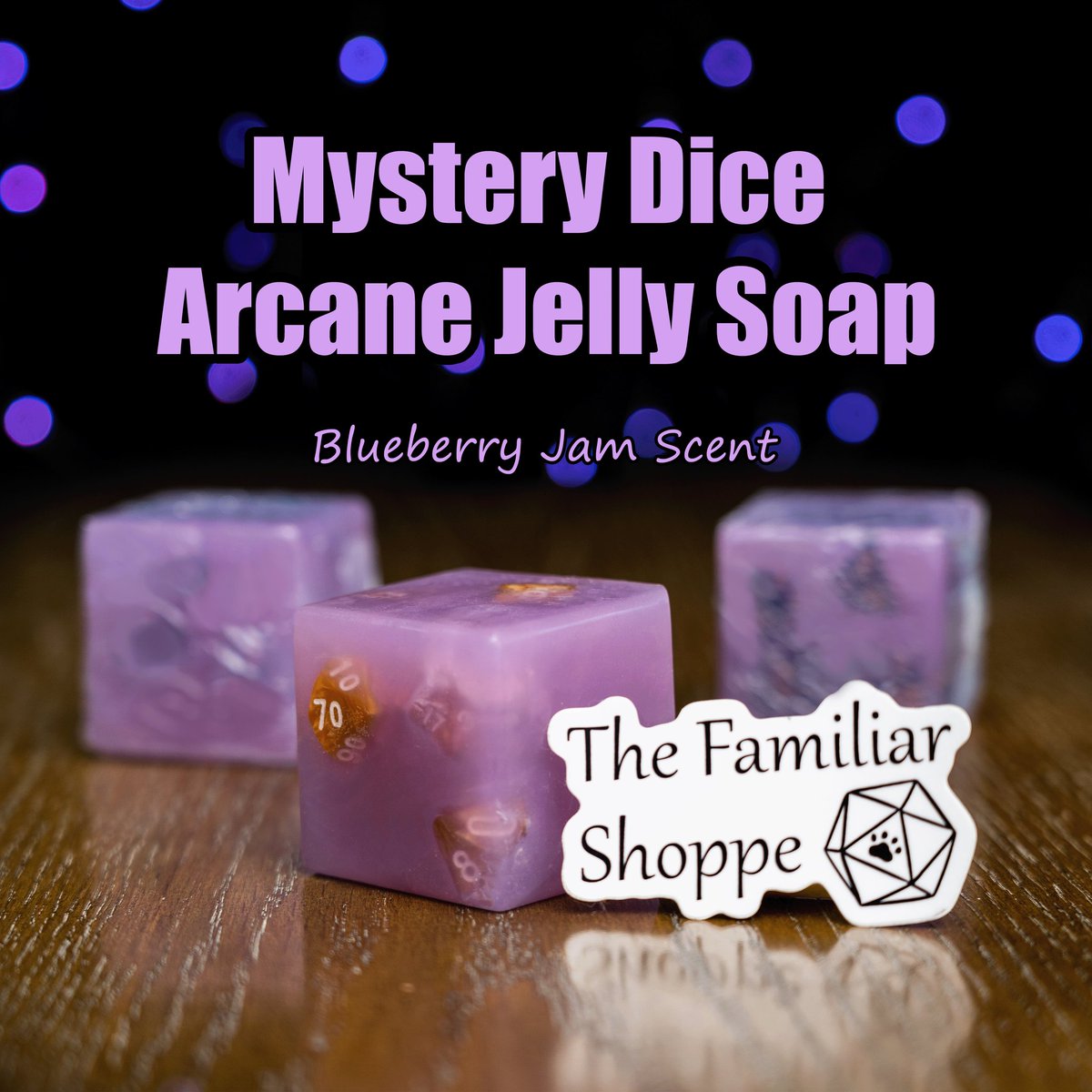 ShoppeFamiliar's tweet photo. Our Arcane Jelly Soap works like your own personal Prestidigitation. Enjoy the sweet scent of blueberry jam it leaves behind, along with a new mystery set of dice #dungeonsanddragons #dnd #dice #dndsoap #handmade https://t.co/3t4w1ihvTc