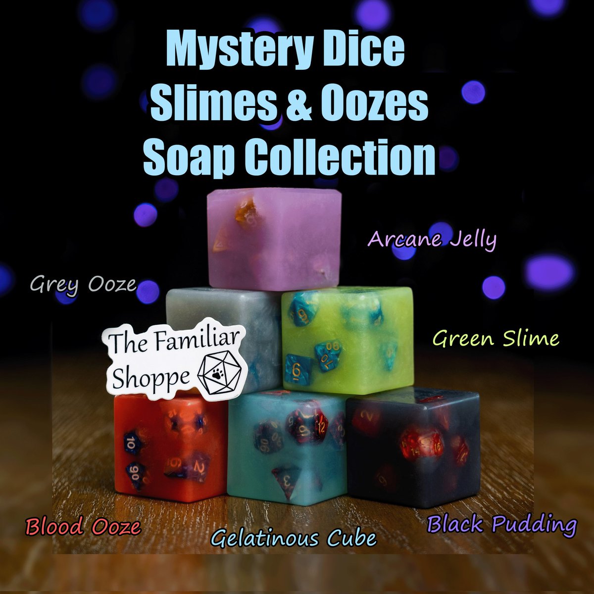 ShoppeFamiliar's tweet photo. Our Arcane Jelly Soap works like your own personal Prestidigitation. Enjoy the sweet scent of blueberry jam it leaves behind, along with a new mystery set of dice #dungeonsanddragons #dnd #dice #dndsoap #handmade https://t.co/3t4w1ihvTc