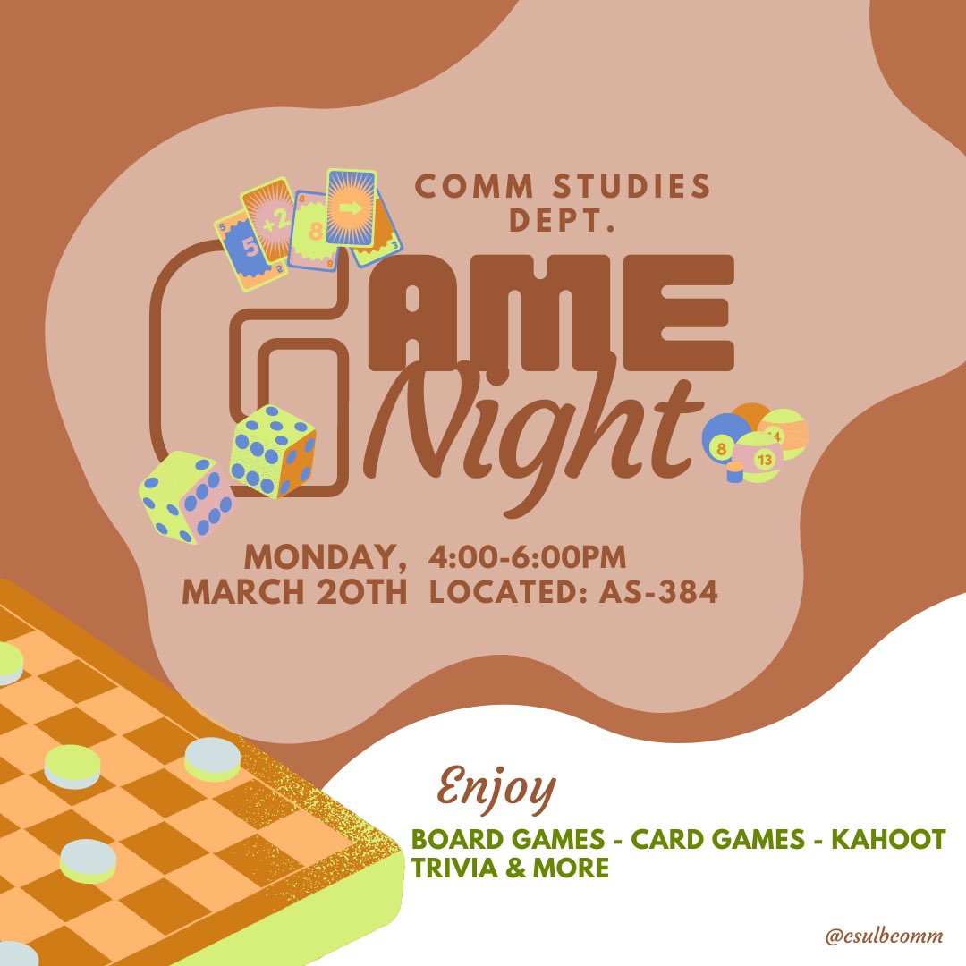 commcsulb's tweet photo. Round 2 of Game night with the COMM Studies Department. 🃏🎲

COMMe and join us for a night of fun on Monday, March 20th from 4:00-6:00PM. We’ll be in AS-384, feel free to pop on in!

#COMMStudies #COMMDepartment #GameNight #COMMstudents https://t.co/l3RLtYJ3FZ