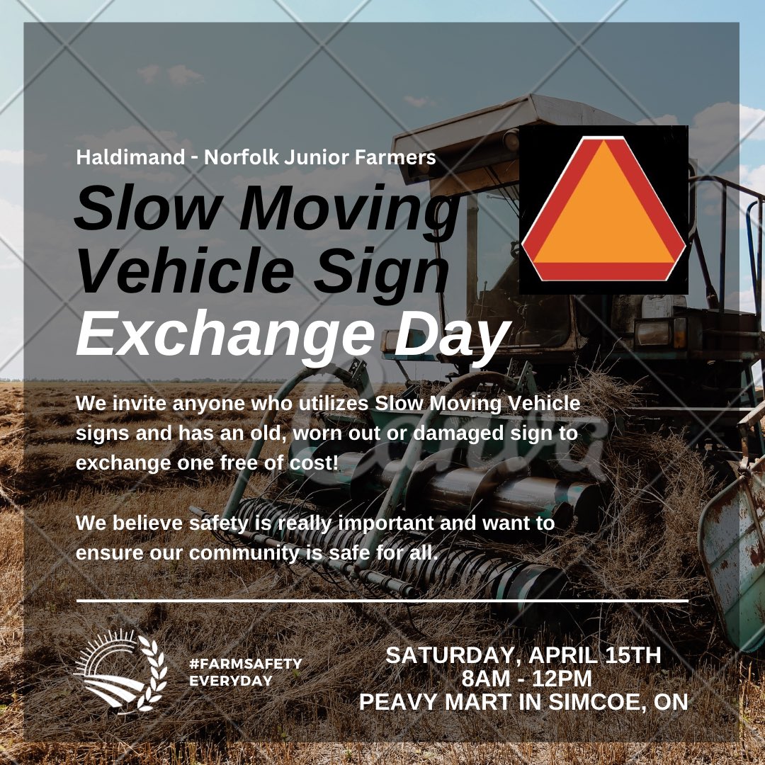 As we close out Canadian Agricultural Farm Safety Week, we would like to announce our SMV Sign Exchange Day on Saturday, April 15th at Peavy Mart in Simcoe, ON! 📍

Bring in any old, faded and worn out sign and exchange it free of cost for a brand new one🚜

#FarmSafetyEveryday