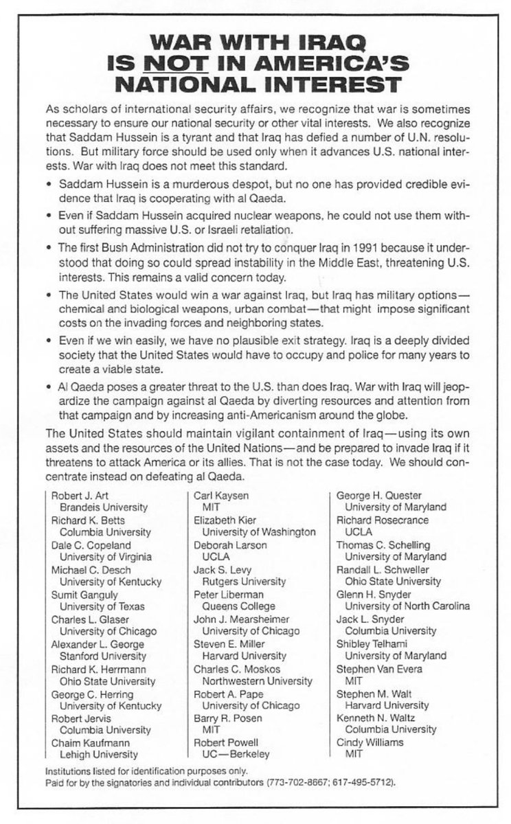 At 20 years, it is worth noting that these leading IR/CP scholars - no collection of pacifists - accurately predicted how the war would unfold in this NYTs advertisement. That their warning fell on deaf ears raises serious systemic &amp; accountability questions still unanswered.