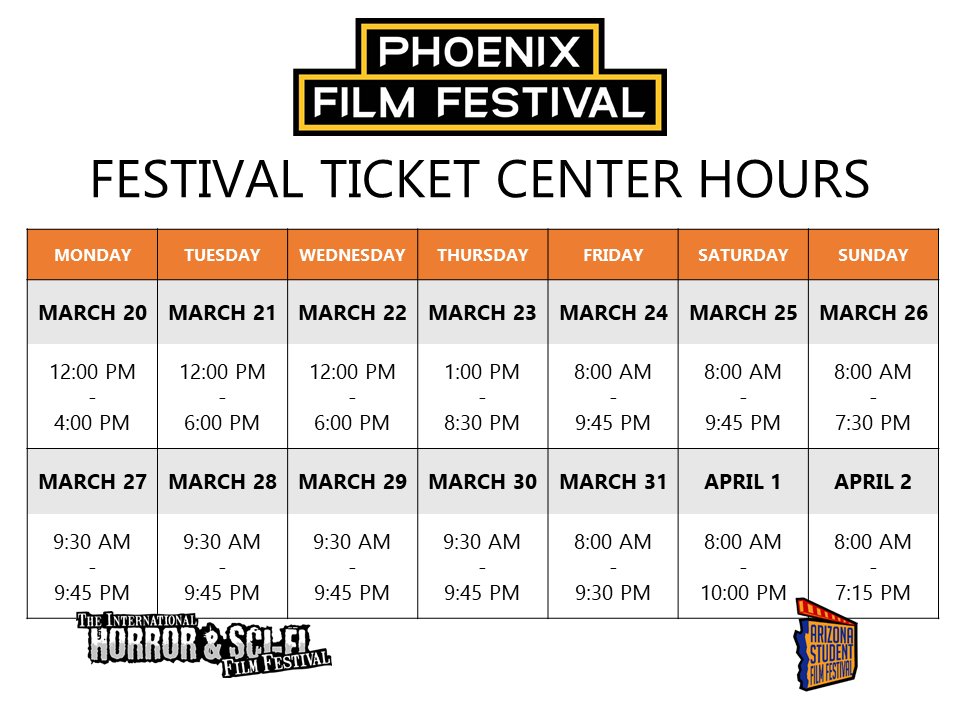 *UPDATED TICKET CENTER HOURS* Tickets are available online through our ticketing partner, Brown Paper Tickets, or by coming into the Phoenix Film Festival Ticket Center. phoenixfilmfestival.com/tickets