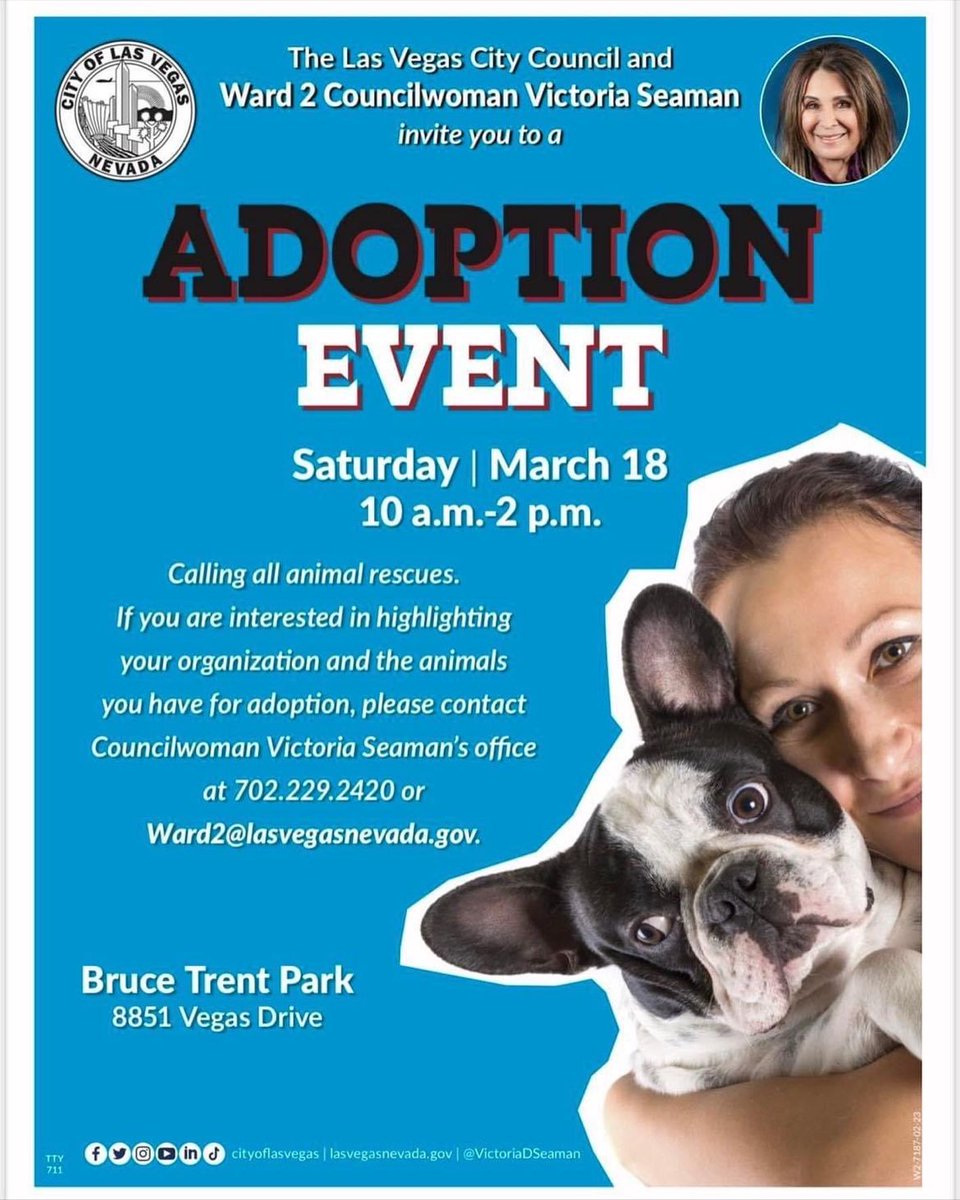 🐾Dog Adoptions!🐾
Join us tomorrow, Saturday the 18th at Bruce Trent Park from 10am-2pm. Come meet our adoptable pups and enjoy a day out in #lvccward2 with our friend, @VictoriaDseaman! 

8851 Vegas Drive Las Vegas, NV 89128