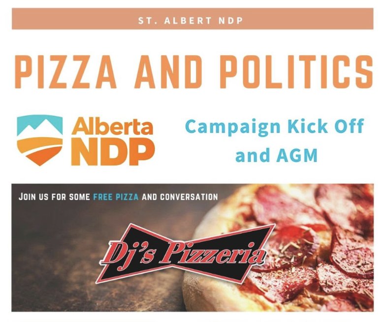 stalbertndp's tweet photo. Join us at DJ's Pizzeria Thursday March 23 at 7pm for our Annual General Meeting, campaign kickoff, and 🍕FREE 🍕!! 

RSVP- https://t.co/q2C32X4mXI…

#abndp #orangecrush2023 #ableg https://t.co/5THoZo5aEn
