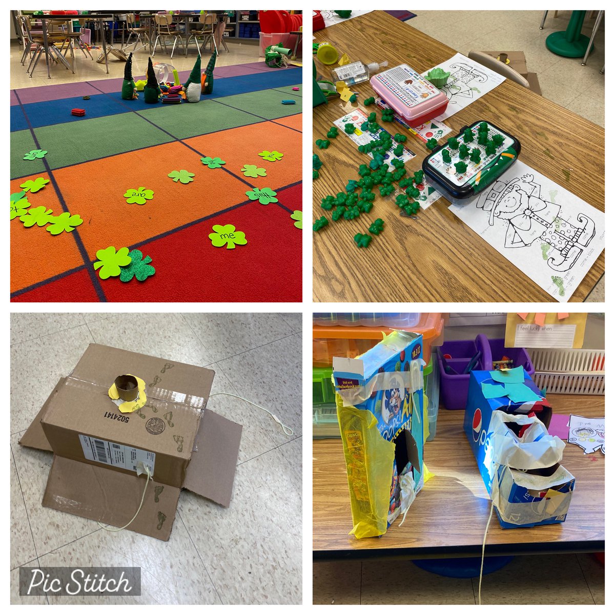 MrsMackeysClass's tweet image. A leprechaun snuck in last night and had some fun in our room! He escaped our traps, made quite a mess and left little footprints 👣 all over!