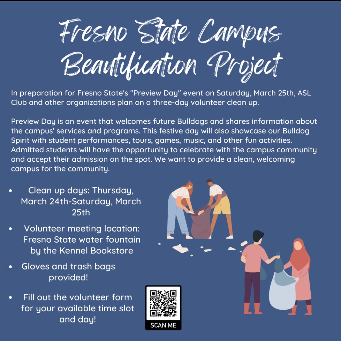 Bulldogs, we need your help! The ASL club is searching for volunteers to help us beautify our campus before Bulldog Preview Day on March 25th. Sign up for a time slot by scanning the QR code on our flyer!! 🤟♻️