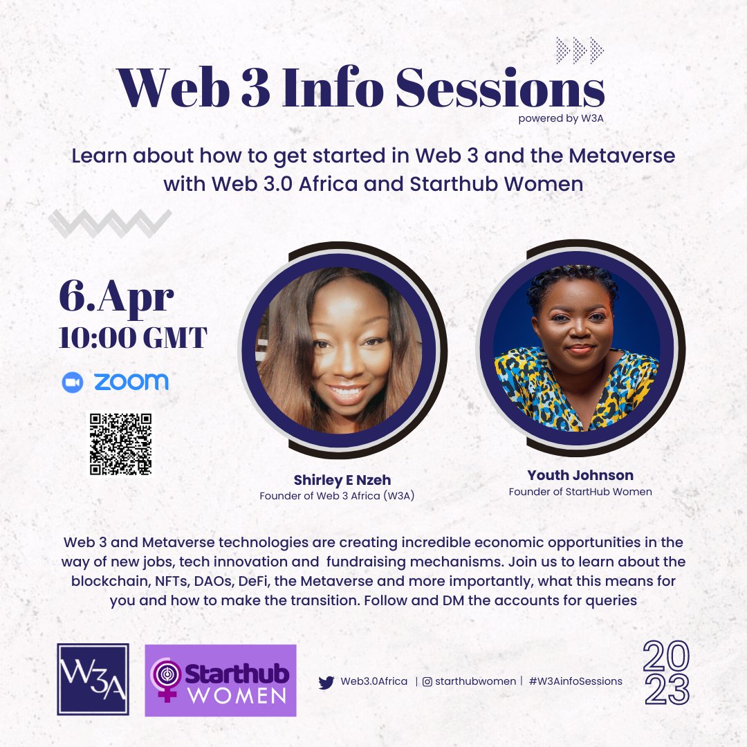 W3ATech's tweet photo. #W3A & Starthub Women are excited to announce a #Web3 #InfoSession to help #WomenEntrepreneurs discover opportunities in #Blockchain #Web3 #Web3InfoSessions #web3Africa #Web3Community #Africa #Web30Africa @youthgeorge @__mrsAdeeti @EhUdosen @themaqueenlife @ToyoabasiBob https://t.co/rLyxBFfBIm