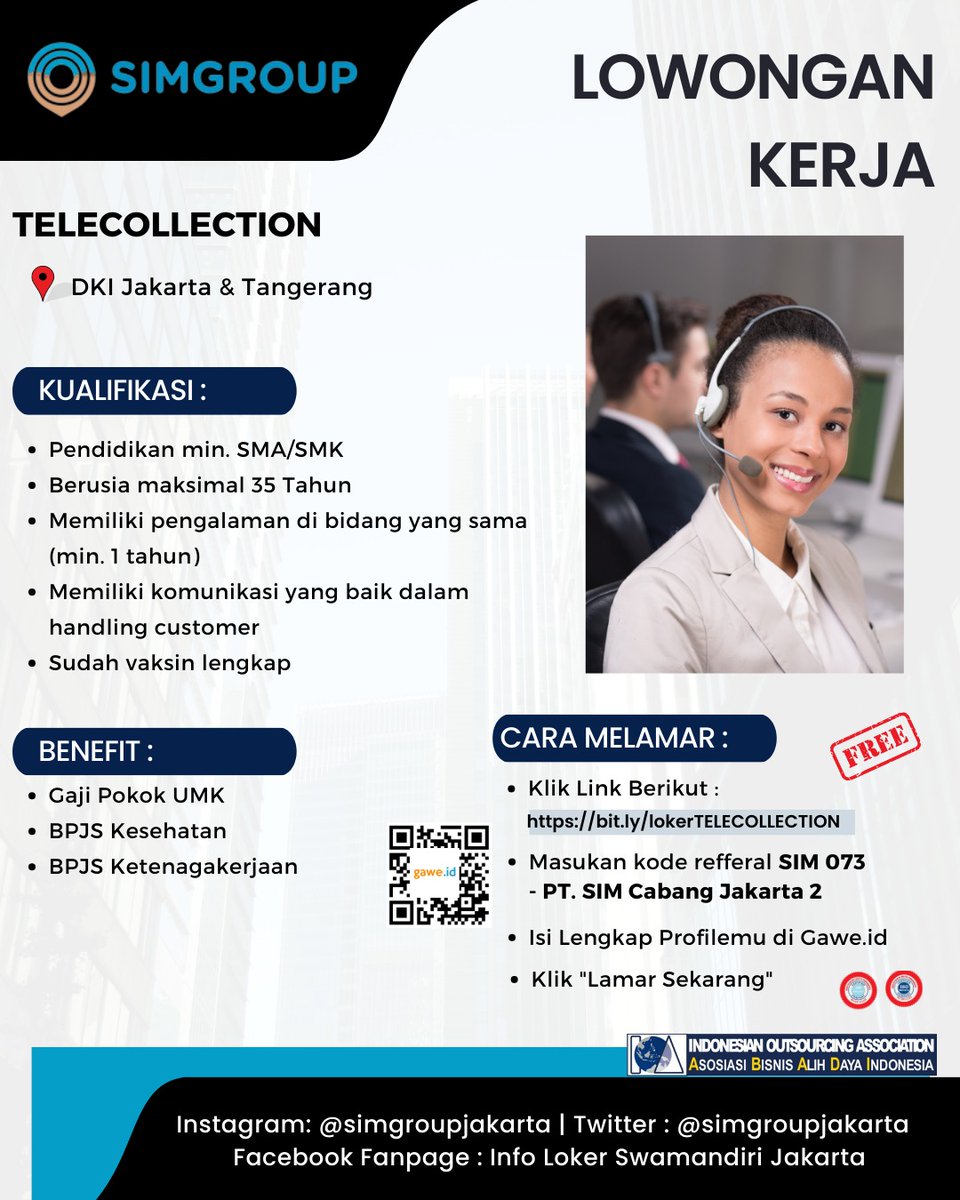simgroupjakarta's tweet photo. INFO LOWONGAN KERJA TERBARU MARET 2023

Silahkan melamar melalui link https://t.co/Letu7b1ONa
Hanya pelamar yang sesuai dengan kualifikasi yang akan diproses lebih lanjut
#lokersimgroup #lokersimgroupjakarta #lokercreditmarketing #hrdbacot #lokerjabodetabek #lokerdeskcoll https://t.co/rP0hvHeQv3