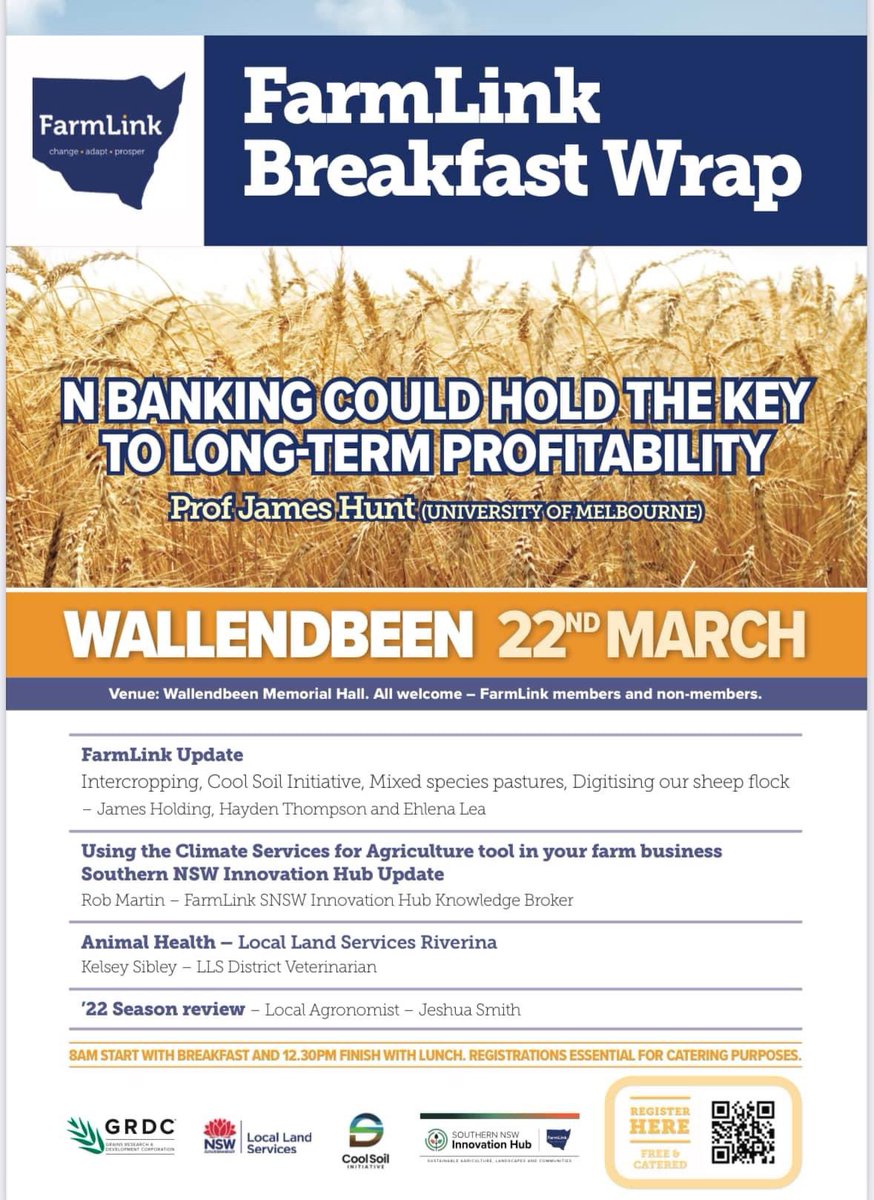 Jesh will be speaking at this year’s <a href="/Farm_Link/">FarmLink Research</a> Breakfast Wrap in Wallendbeen on Wednesday 22nd March. 

Be sure to register if you want a bit of a recap from last year and what to look for in 2023! 🌾 

Register here 👉 trybooking.com/events/landing…