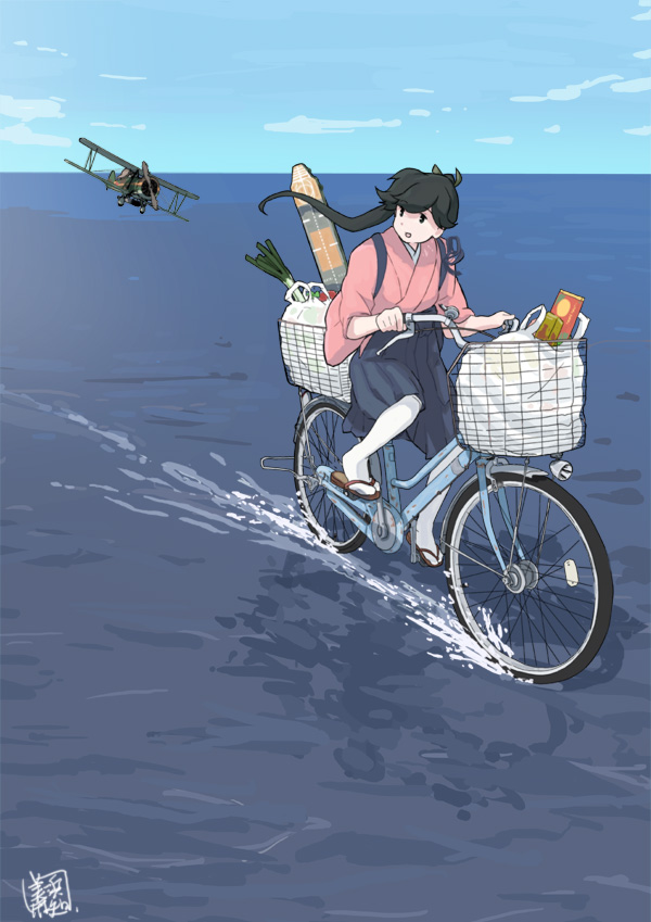 houshou (kancolle) bicycle japanese clothes groceries 1girl riding spring onion ocean  illustration images