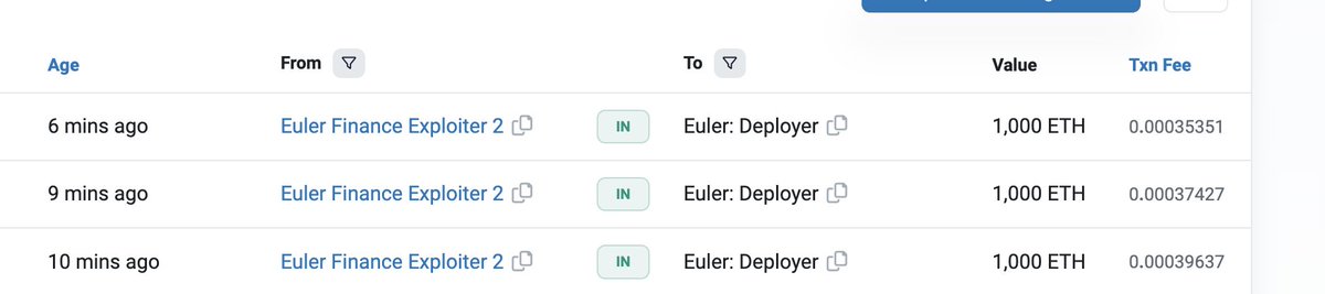 BlockSecTeam's tweet photo. We observed that the #Euler attacker 0xb66cd966670d962C227B3EABA30a872DbFb995db is returning money to Euler finance now.

3000 Ether was returning so far. https://t.co/TGgIrG2EwJ