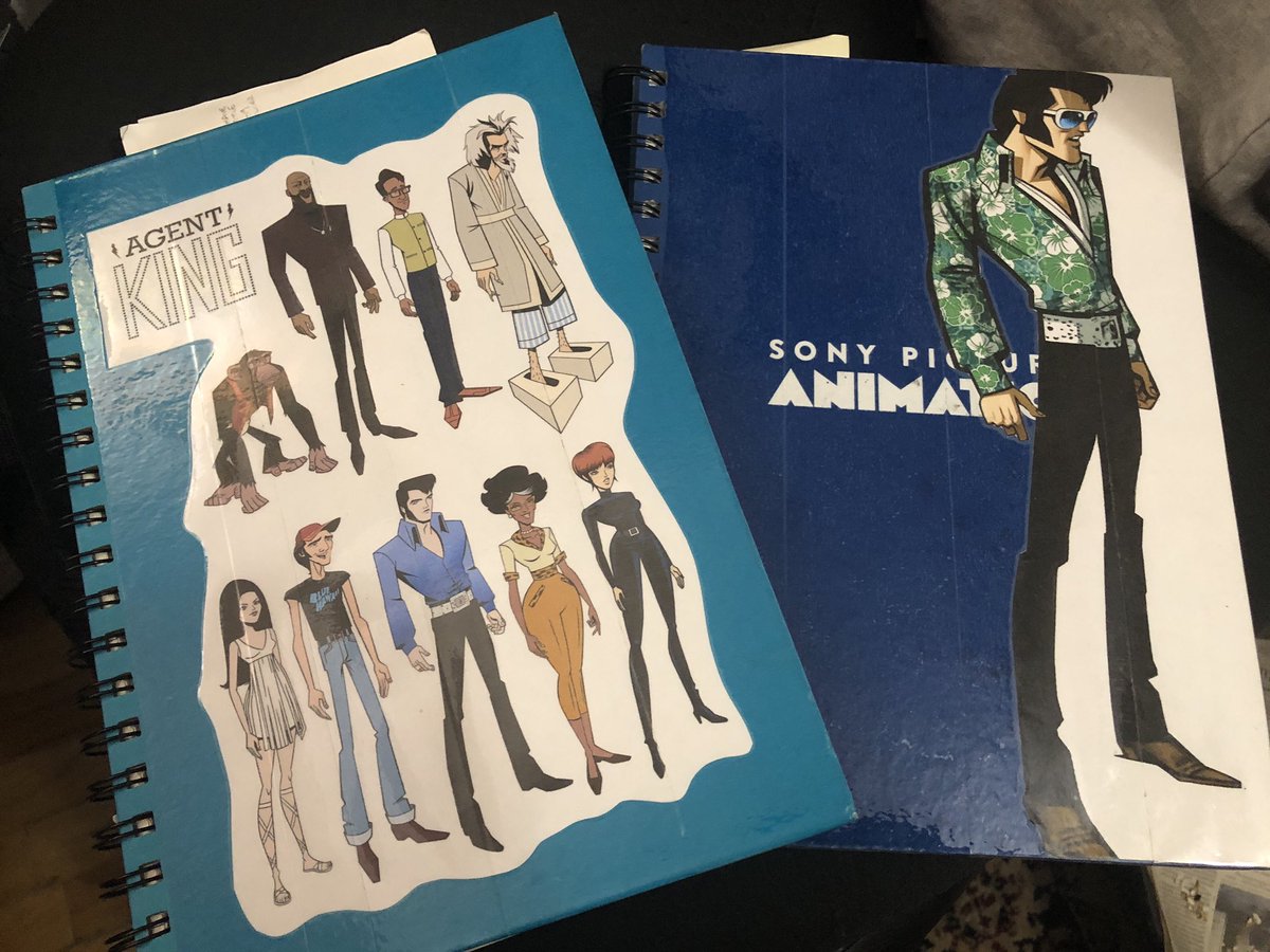 JenPhoLil's tweet photo. These notebooks hold all the magic it took to get #agentelvis through production. Well, my portion anyway. I was fortunate to work with so many talented folks. Fun times! #priscillapresley #sonypicturesanimation #netflix #robertvalley #titmouse https://t.co/l3BDO4f5Ea