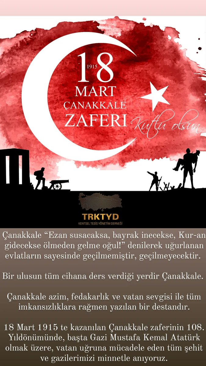 TRKTYD_Official's tweet photo. 18 Mart 1915 te kazanılan Çanakkale zaferinin 108. Yıldönümünde, başta Gazi Mustafa Kemal Atatürk olmak üzere, vatan uğruna mücadele eden tüm şehit ve gazilerimizi minnetle anıyoruz.

#çanakkale #18martçanakkalezaferi #çanakkalezaferi https://t.co/hrayR210c9