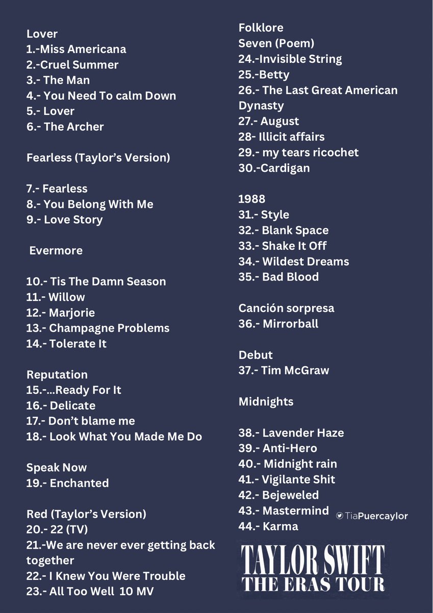 LaPuercaylor's tweet photo. 🚨| Taylor Swift canto un total de 44 canciones en #TheErasTourTS ve el set list completo aquí! https://t.co/KdIr9OqYik