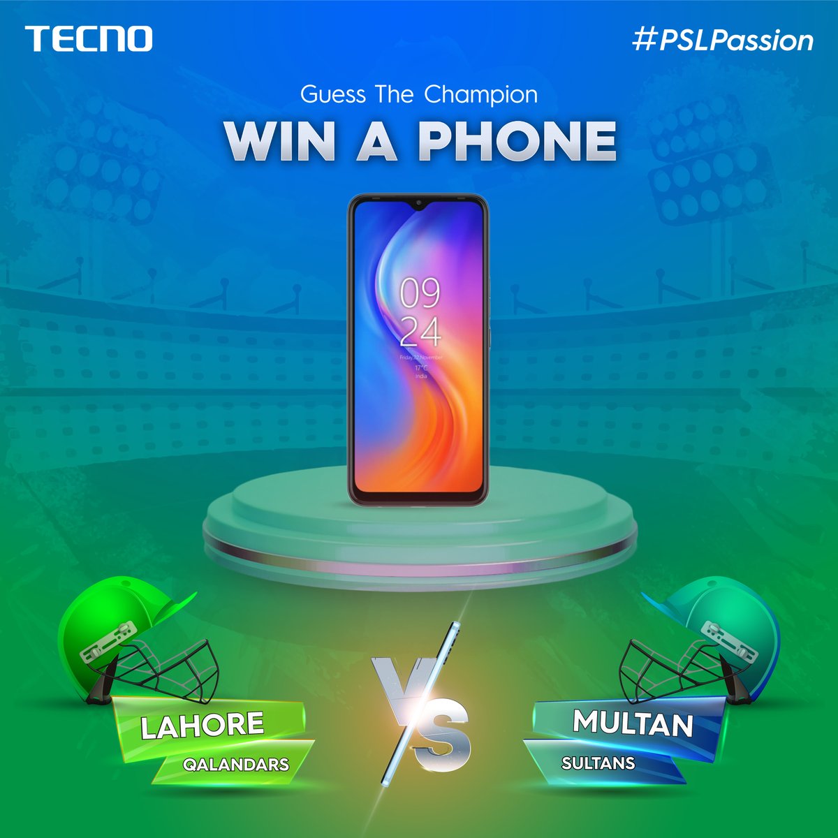 TecnoMobilePK's tweet photo. Who will become the #HBLPSL8 Champion and lift the trophy? A thrilling final between Multan Sultans vs Lahore Qalandars awaits you! Show your #PSLPassion and get a chance to win a Smartphone and other amazing gifts.

#TECNO #TECNOPakistan #MSvLQ #SabSitarayHumaray https://t.co/E977UluEII