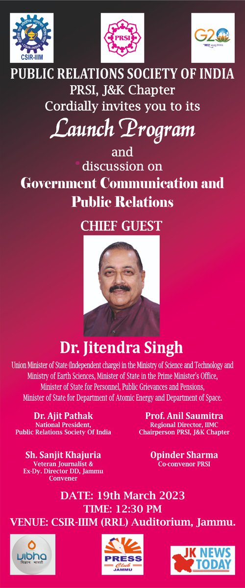 Paras04482798's tweet photo. We are delighted to invite you for the launch of #JammuAndKashmir Chapter of the Public Relations Society of India, the national body of #PublicRelations practitioners. 

Date: 19th March, 2023
Venue: CSIR-IIIM (RRL) Auditorium

#PRSI
#Jammu https://t.co/Fidgt3jdA6