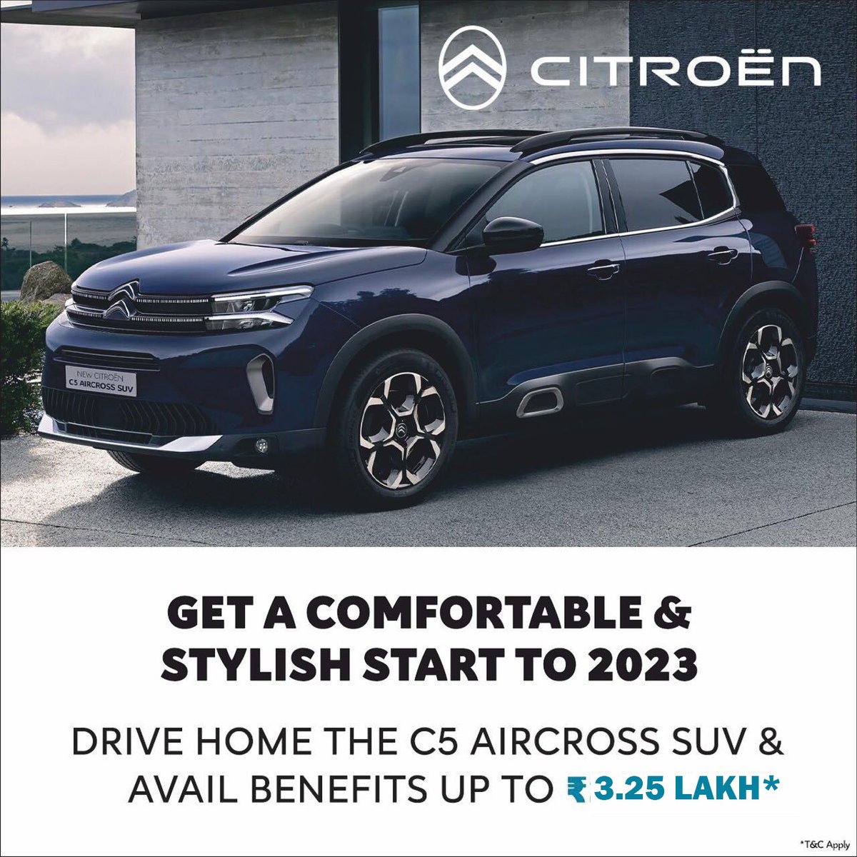 CitroenAhmd's tweet photo. Get a comfortable and stylish start to 2023
Citroen C5 Aircross SUV today enjoy Benefits upto 3.25 Lakh*
Price starts at 37.17 lakh* for Bookings &amp; Test drive call / Visit La Maison Citroen, Ahmedabad, SG Highway – +91 9054983327
#C5AircrossSUV#LaMaisonCitroenAhmedabad https://t.co/rRb1IC9VSb