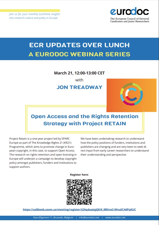Eurodoc's tweet photo. 🤔Do you know what you are permitted to do with your publications after they were issued?
🎉You can find it out at the Eurodoc webinar on #OpenAccess and the #RightsRetentionStrategy with Project RETAIN (March 21, 2023 at 👉12.00-13.00 CET)❗
#openaccess #OpenScience #ECRs https://t.co/NSWoT6oElv