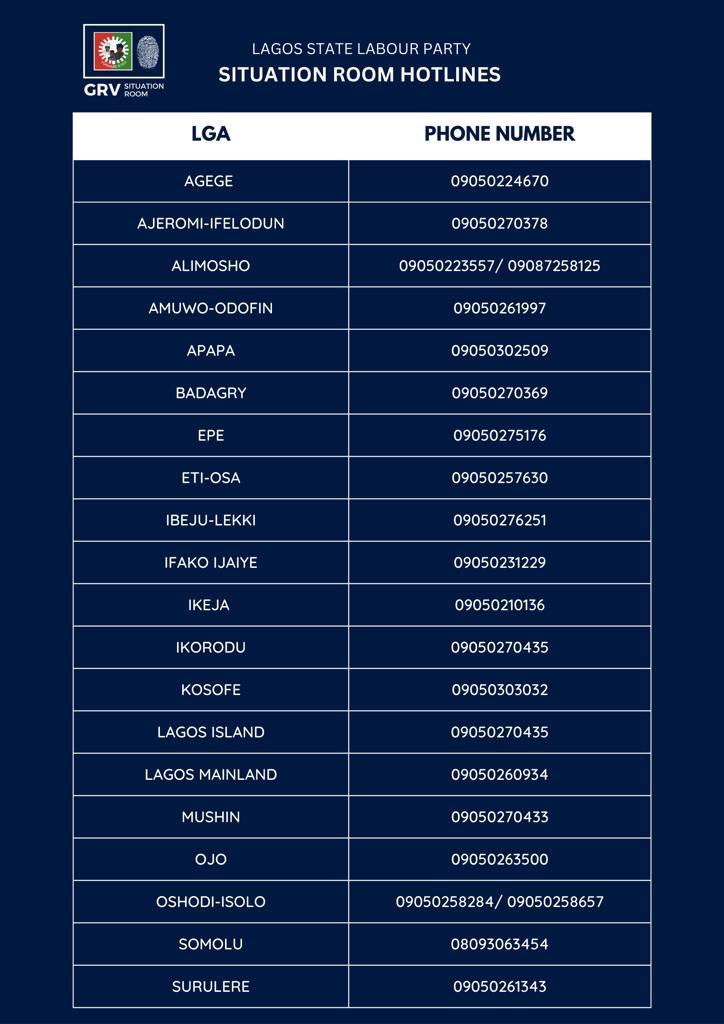 Sports_Doctor2's tweet photo. LAGOS LABOUR PARTY SITUATION ROOM NUMBERS.
Please bookmark and share.
#FreeLagos #KickOutAPC https://t.co/MIvjyN0Tl8