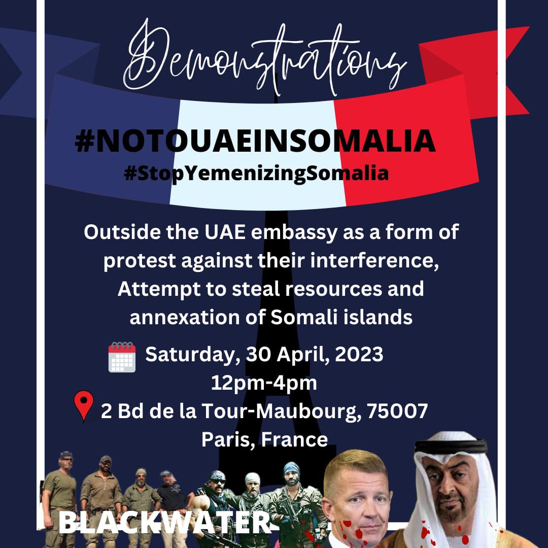 ShAbdiHersy's tweet photo. The 30th of April, fellow Somalis in Washington, Ottawa, London &amp; Paris are preparing to protest against the illegal interference of UAE in Somalia. @MohamedBinZayed is trying to Yemenize Somalia through bribery! #StopYemenizingSomalia #NoToUAEInSomalia. Defend your country 🇸🇴! https://t.co/JWwtTHbPQI