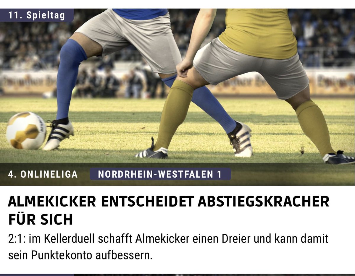 almekicker's tweet photo. Wir gewinnen unser drittes Spiel diese Saison. Das entscheidende Tor fällt erst in der 90. Minute und mit diesem #erfolg stehen wir zum ersten Mal auf einem Nicht Abstiegsplatz. Ich muss euch sagen, es fühlt sich gut an. #onlineliga #almekicker https://t.co/mW92dPsbXV
