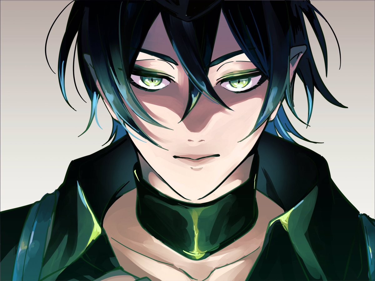 1boy male focus solo green eyes pointy ears black hair looking at viewer  illustration images