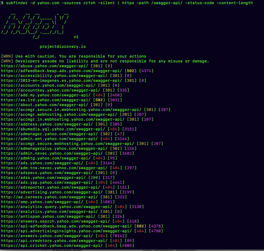 You can use #httpx to request any path and see the status code and other details on the go, filter, or matcher flags if you want to be more specific. 

httpx -path /swagger-api/ -status-code -content-length 

credit:@pdnuclei

#hackwithautomation #recon #bugbountytips #infosec