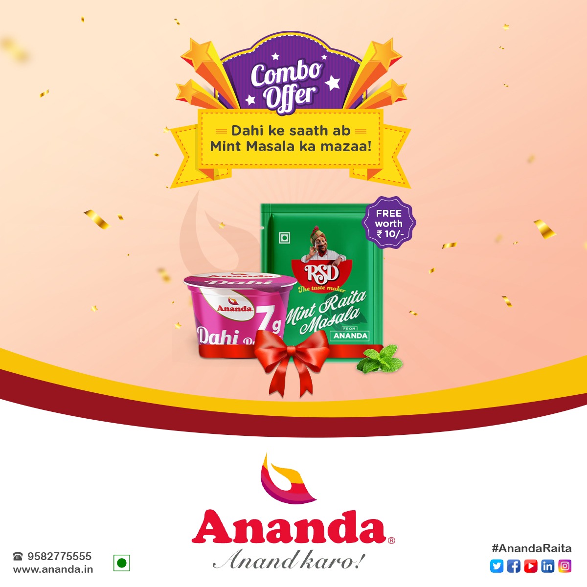 AnandaDairy's tweet photo. With Ananda 7g protein Dahi you will get Mint Raita Masala!
#Ananda #AnandaDahi #healthyfood #healthylifestye #combooffer #raitamasala https://t.co/VWV9w2WsGo