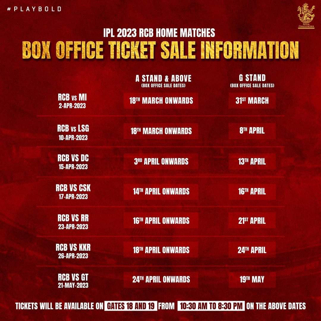 Pawan_174's tweet photo. RCB TICKET SALES AT CHINNASWAMY STADIUM 🎟️
Important information about dates and timings of ticket sales for the RCB Home matches. Tickets are only sold in gates 18 and 19 from 10:30 AM to 8:30 PM as per the release schedule. 📝
#PlayBold #ನಮ್ಮRCB #IPL2023 #RCB #offlinetickets https://t.co/kEB0kHDPYG