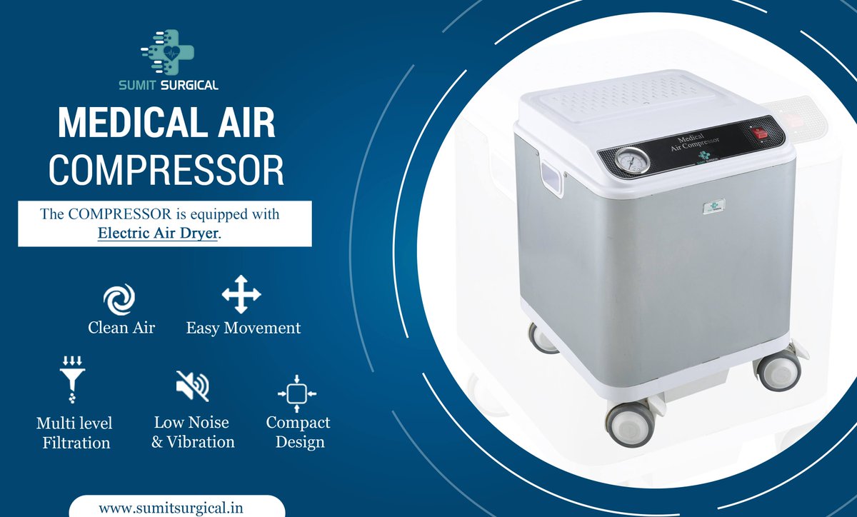 ssiruchi's tweet photo. *Medical Air Compressor* 
The compressor is equipped With Electric Air Dryer
* Clean Air | * Easy Movement | * Multi Level Filration | * Low Noice &amp; Vibratrion | * Compact Design
info.sumitsurgical@gmail.com
+91-9545095451/ +91-9868165949
#medicalaircompressor #medicalequipments https://t.co/oXfScy5AmB