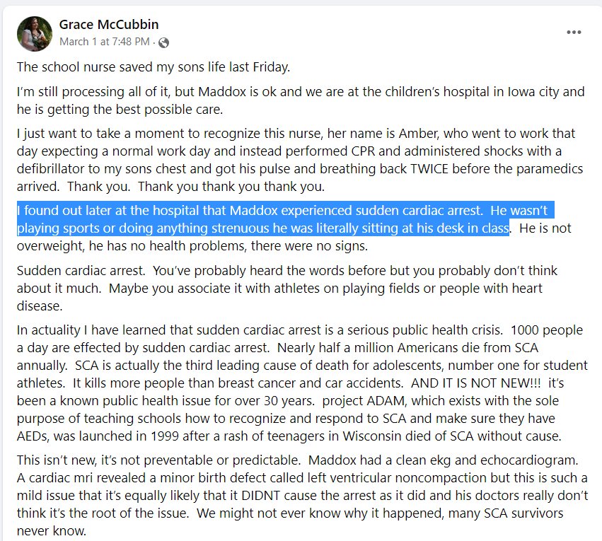 MakisMedicine's tweet photo. 16 year old Illinois high school student Maddox was sitting at his desk in class when he suffered a sudden cardiac arrest on Feb.24, 2023.

A nurse performed CPR and administered shocks with a defibrillator twice before paramedics arrived, saving his life.

#diedsuddenly https://t.co/DJr7BeEJlJ