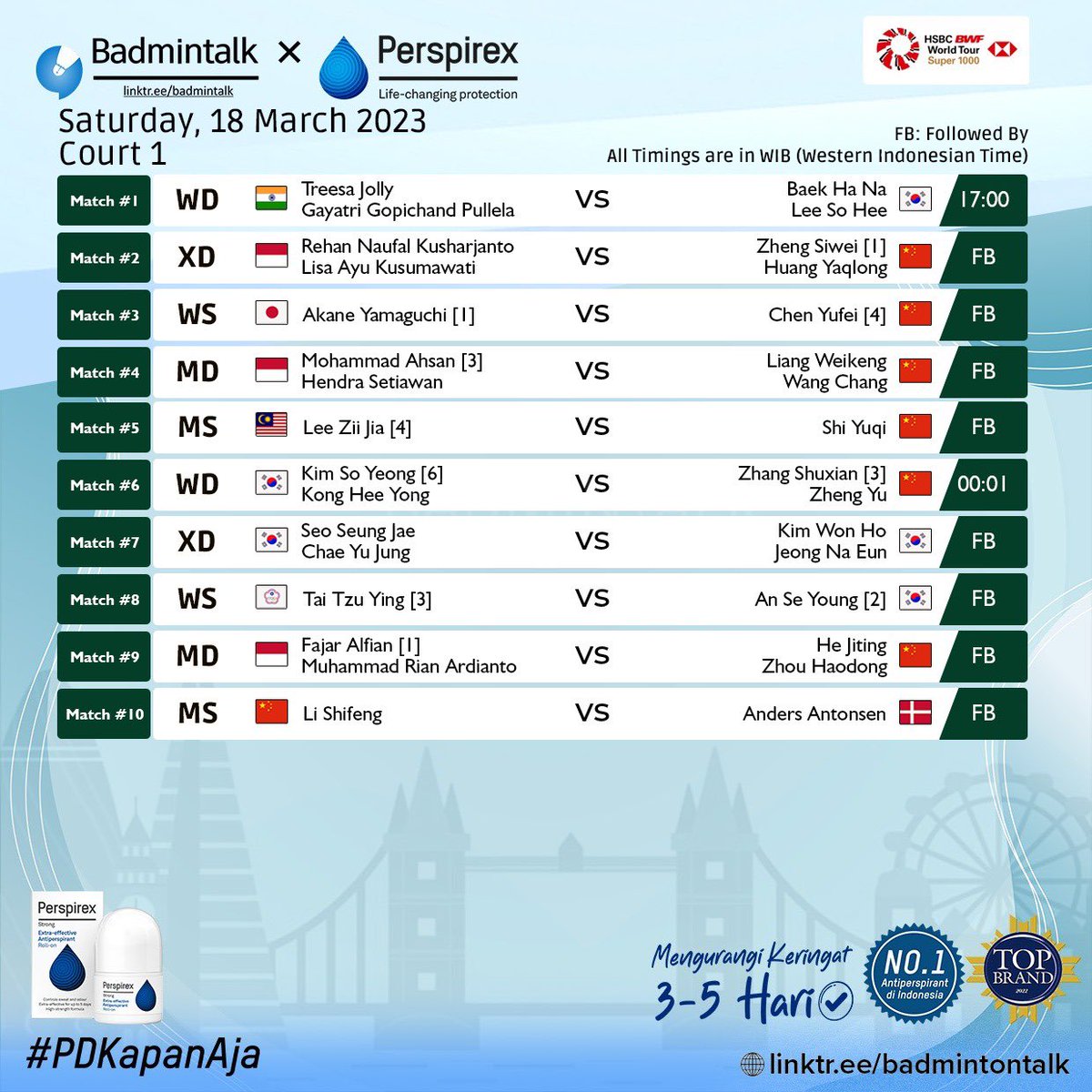 Order Of Play - #AllEngland2023 (Day 5)

IT'S SEMIFINAL DAY!

Saturday, 18 March 2023

Starts 17.00 WIB (1st Session) and 00.00(+1) WIB (2nd Session)

Live di iNews TV.

Match mana yang paling kalian tunggu?

#YAE23 #PerspirexIndo #PDKapanAja