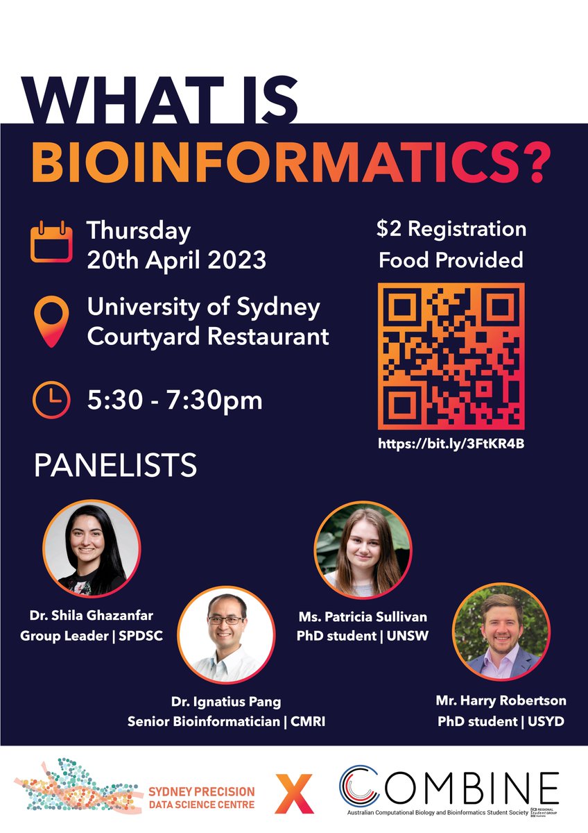 🌉Sydneysiders! Are you curious about bioinformatics and want to learn more about this rapidly growing field? Join us on Thur April 22nd at the University of Sydney to hear from experienced industry and academic bioinformaticians. Register at combine.org.au/what-is-bioinf…