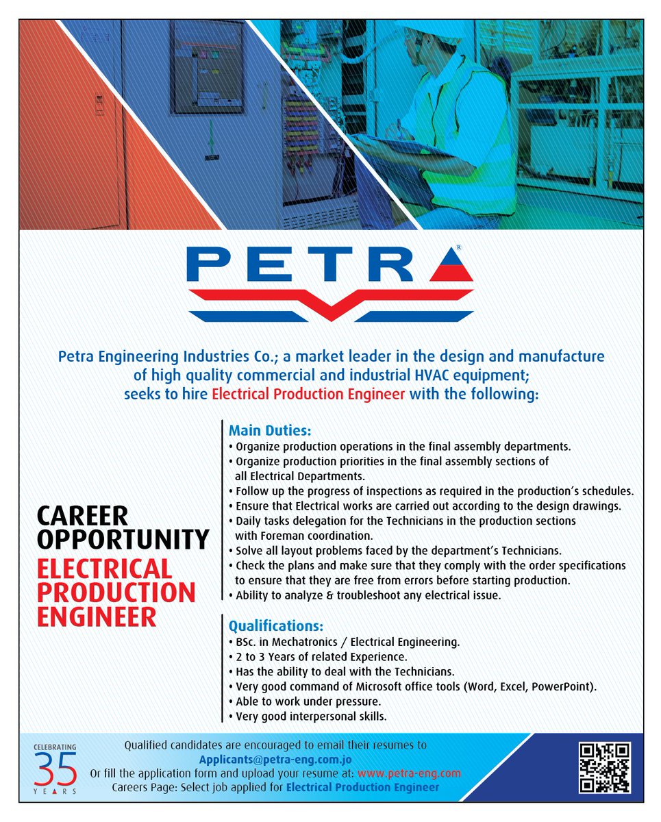 Career Opportunity
Electrical Production Engineer
Petra Engineering Industries Co.; a market leader in the design and manufacture of high quality commercial and industrial HVAC equipment; seeks to hire Electrical Production Engineer with the following: petra-eng.com
