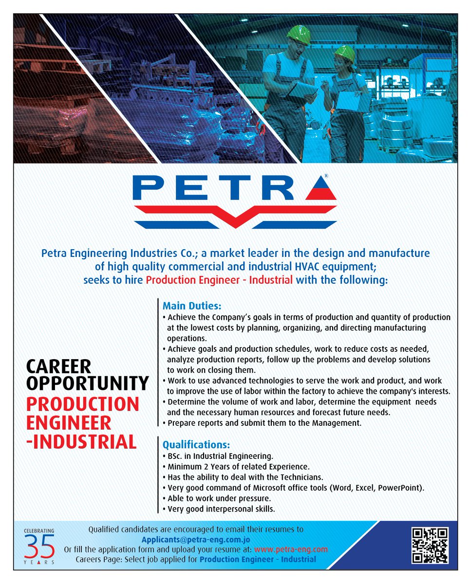 Career Opportunity
Production Engineer - Industrial
Petra Engineering Industries Co.; a market leader in the design and manufacture of high quality commercial and industrial HVAC equipment; seeks to hire Production Engineer - Industrial with the following: petra-eng.com