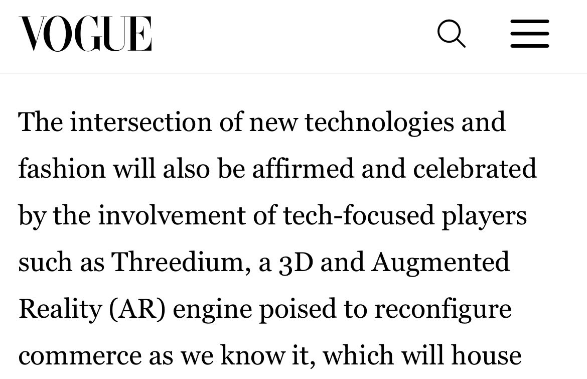 Threedium's tweet photo. From @voguesingapore “From Vogue Singapore— “… @Threedium, a 3D and Augmented Reality (AR) engine poised to reconfigure commerce as we know it…” 👈 https://t.co/HxMM3dv2zZ
