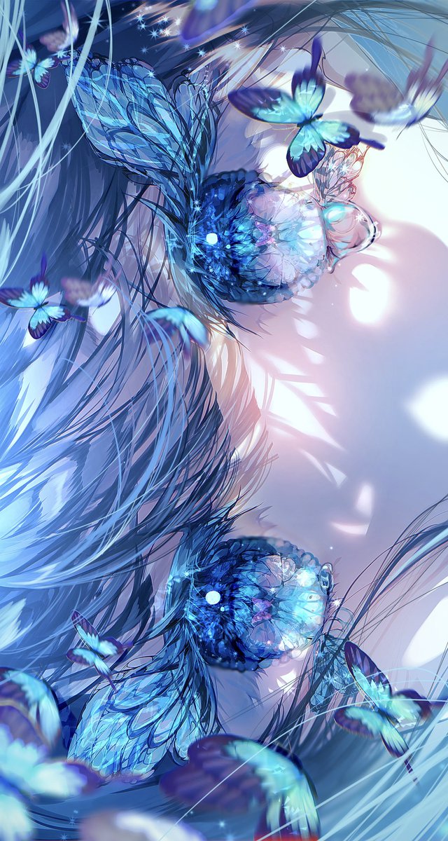 blue butterfly bug butterfly solo 1girl eyelashes long hair  illustration images