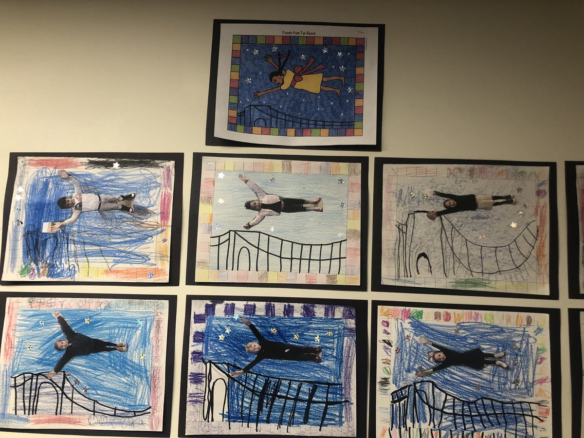 BurnsBunch601's tweet photo. This black history month post is overdue, but it works for women in history month, too! We drew the Brooklyn Bridge and then added photos of ourselves, flying over it, in the style of Tar Beach by Faith Ringgold. #kindergartners fun #IAECSPumas #ia_entrepreneurship https://t.co/7LbZiG8hoo