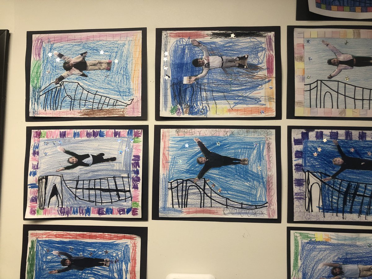 BurnsBunch601's tweet photo. This black history month post is overdue, but it works for women in history month, too! We drew the Brooklyn Bridge and then added photos of ourselves, flying over it, in the style of Tar Beach by Faith Ringgold. #kindergartners fun #IAECSPumas #ia_entrepreneurship https://t.co/7LbZiG8hoo