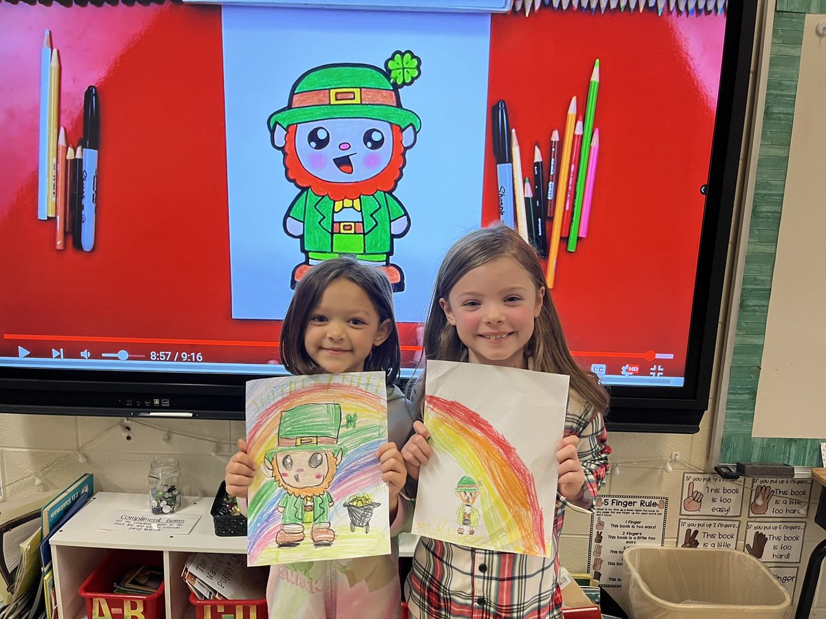 The_Katy_Croft's tweet photo. We learned how to draw a Leprechaun and the Leprechaun left us some goodies. He also made a mess! Happy Saint Patrick’s Day! 🍀🍀🍀🍀 @CherokeeSchools @IndianKnollES https://t.co/KkvZHYD3Hz