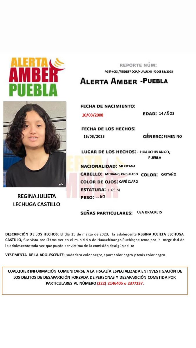 nmaspuebla's tweet photo. 🔴 #ServicioSocial 
Piden apoyo para localizar a Regina Julieta Lechuga Castillo. Tiene 14 años de edad y desapareció el 15 de marzo de 2023 en Huauchinango, Puebla. https://t.co/A8giWhyi7H