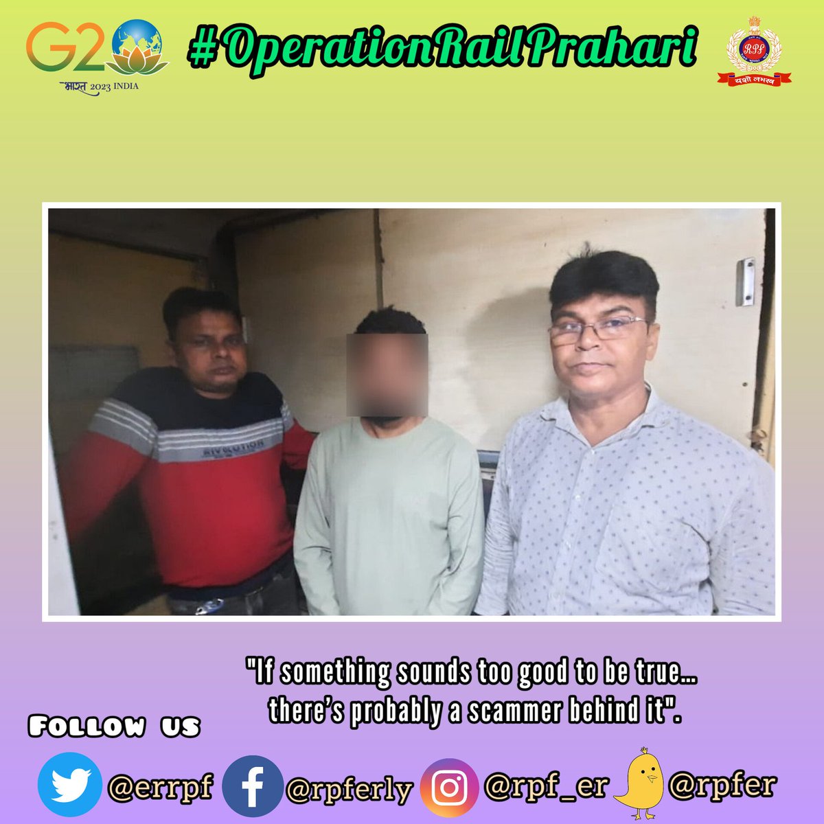 ErRpf's tweet photo. Acting on Intel...intercepted a absconder cyber fraud criminal from a train at Jasidih Railway Station, who is a member of Pratapgarh (MP) cyber gang, looted more than 60 lakh through online with his other associates....
#Bewareofcyberfrauds
#OperationRailPrahari
@RPF_INDIA https://t.co/B3FncKzCcg