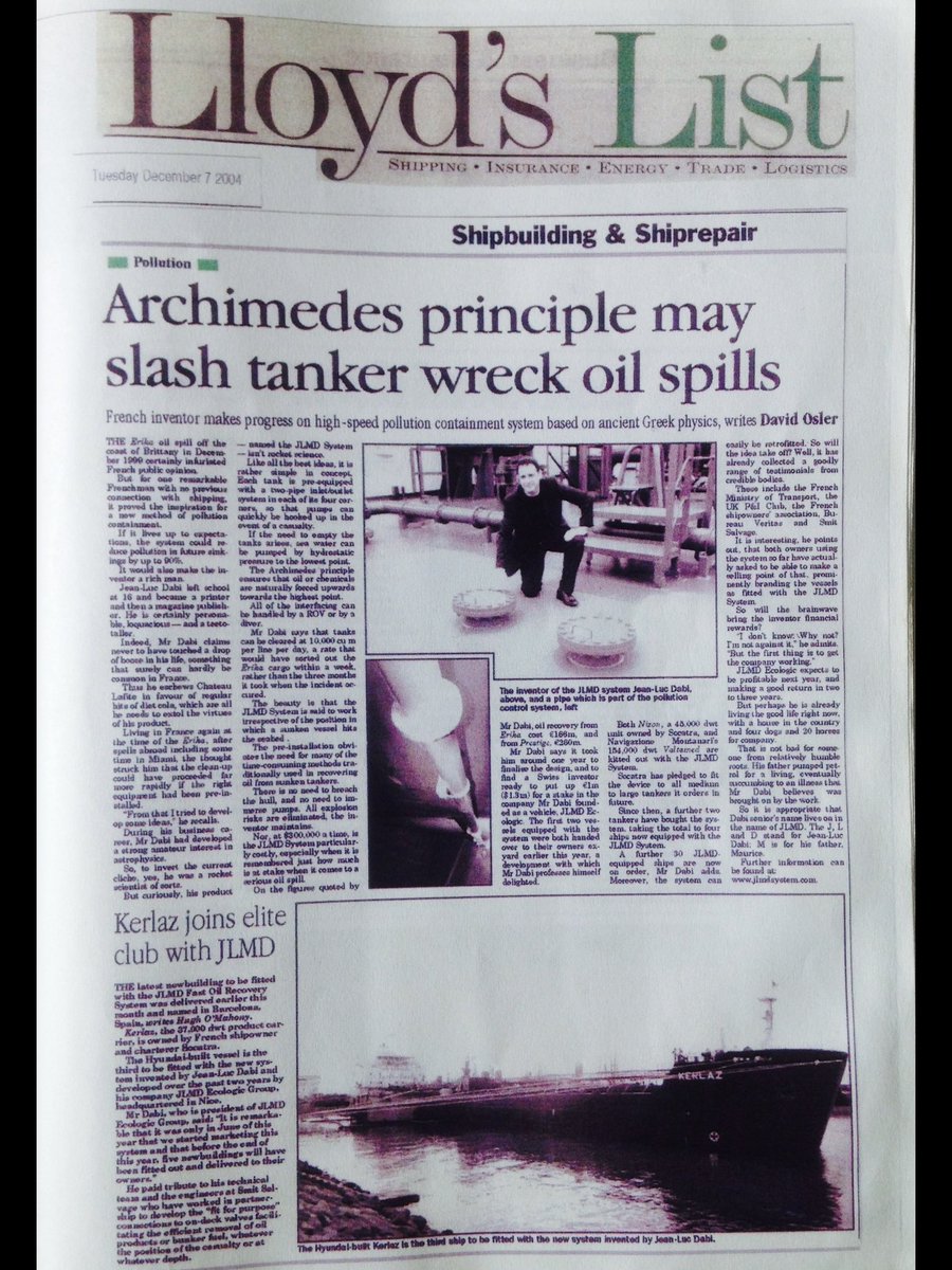 dabi_luc's tweet photo. Am a French Engineer and inventor of the JLMD System… A worldwide Antipollution Patent system for oil tankers to reduce oil spill in case of shipwrecks. Hundred of articles have been written about it, and over 800 oil tankers are already equipped with this system. It’s based on Archimedean principle and difference of liquid density.