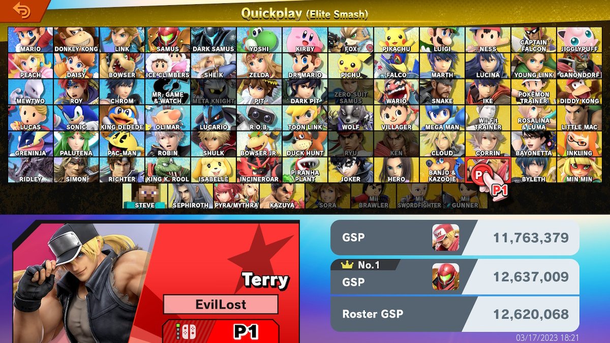 EvilLost's tweet photo. Terry drinks a rum and coke in #EliteSmash #RoadtoGold 78 down. 8 to go. #SmashBros #NintendoSwitch https://t.co/Z0uMlaD9BO