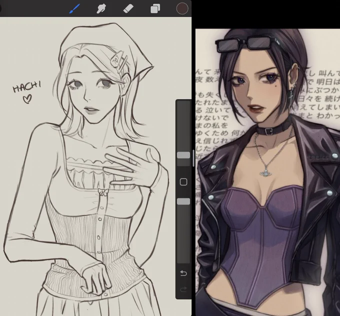 i am FINALLY working on a hachi version !!! excited to colour bc i don't draw pink characters enough 🥲 