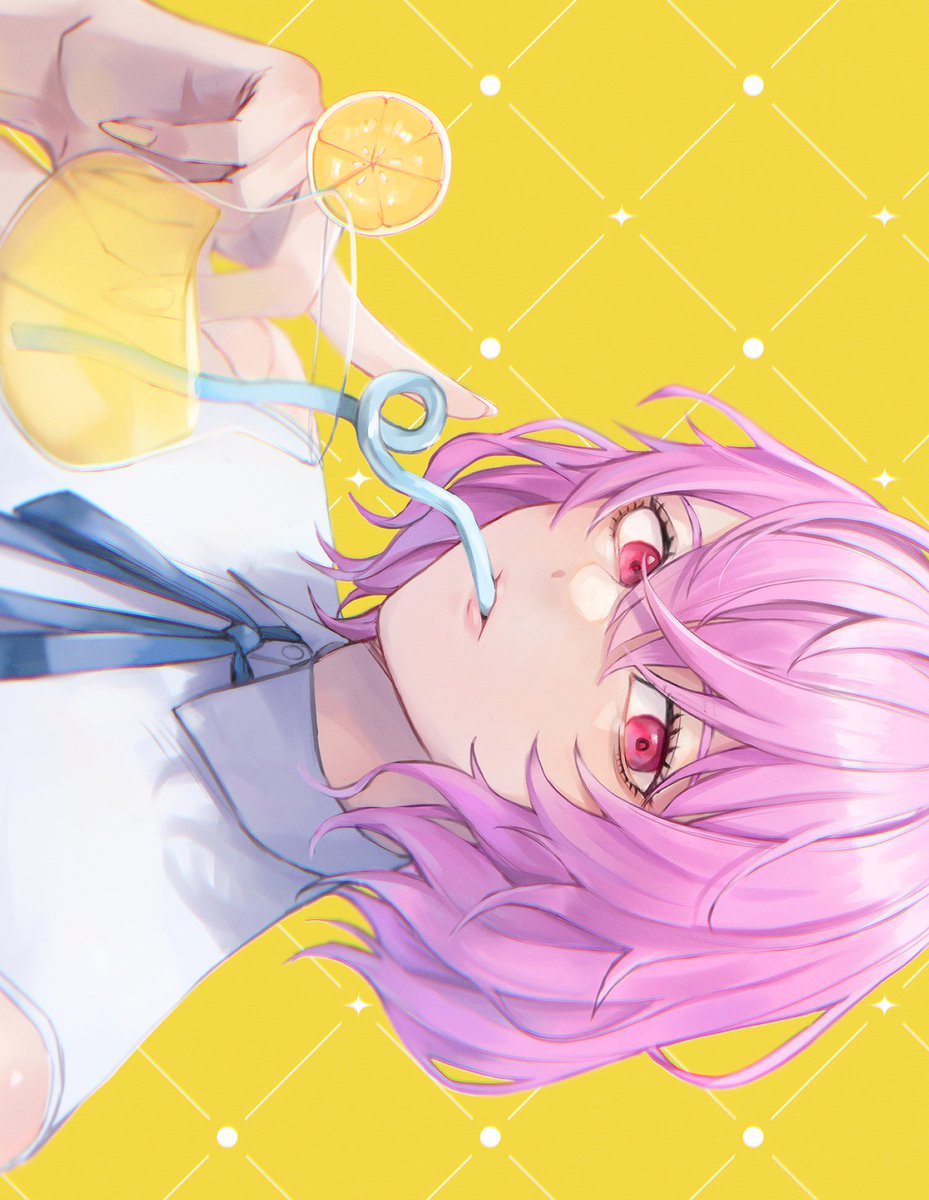 1girl yellow background solo pink hair lemon drinking straw looking at viewer  illustration images